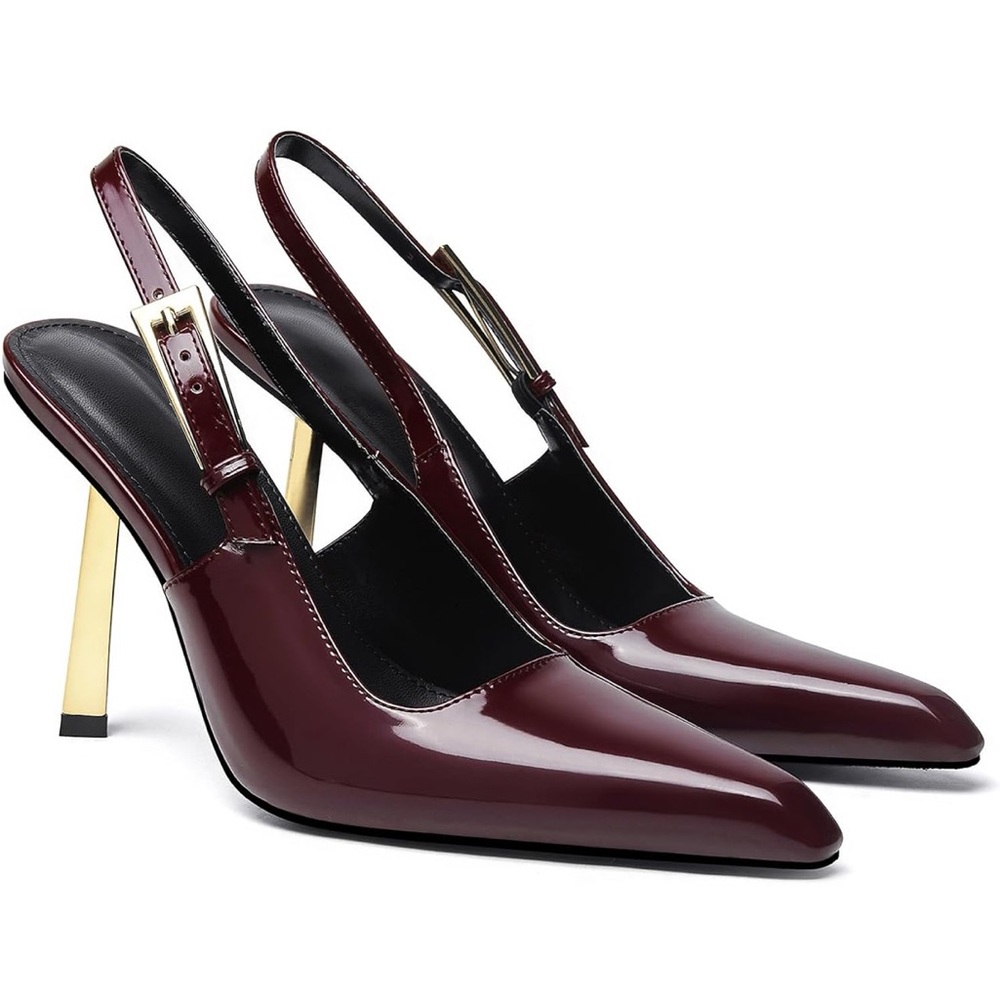 Unbranded Patent Faux Leather Wine Slingback Heels